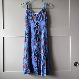 ASTR The Label Dress Womens Medium Blue Floral Ruffle Button Front Lined Midi
